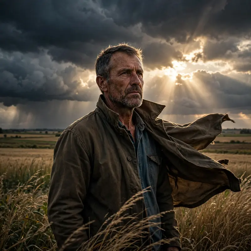 A farmer standing in a field as storm light breaks through black clouds behind him, wind in his jacket, weathered skin, dramatic resilience mood