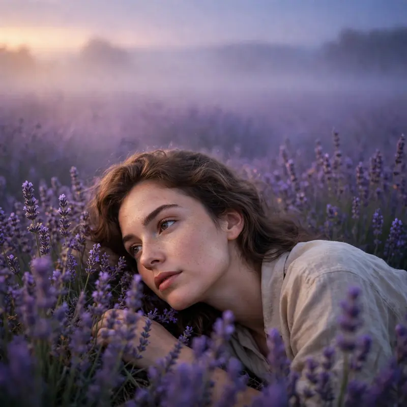 A young woman lying in a lavender field at dusk, purple haze softening her thoughtful face, delicate skin texture, dreamy calm mood, soft diffused