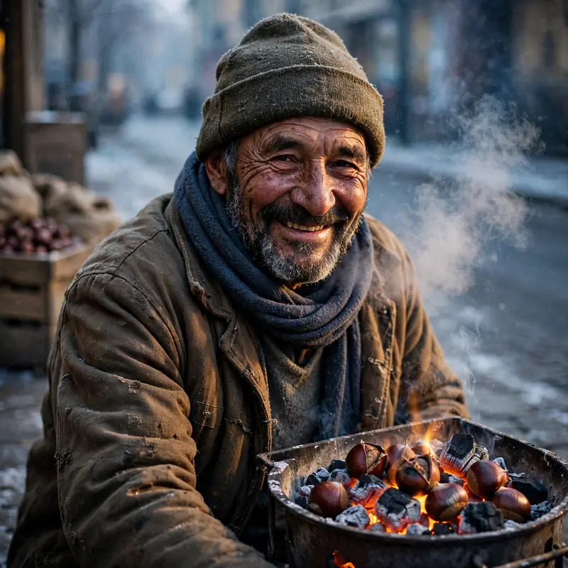 A chestnut vendor in winter, breath fogging in cold air, brazier glow warming his smiling face, weathered skin, cozy resilience mood, mixed warm and