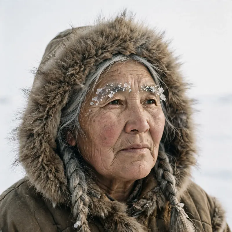 An Inuit elder in furs under pale arctic sun, ice crystals in her eyebrows, endless white behind, extraordinary skin detail, serene endurance mood