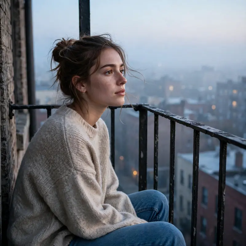 A young woman sitting on a fire escape at dawn, city waking below, cigarette smoke curling past her distant gaze, natural skin, contemplative urban