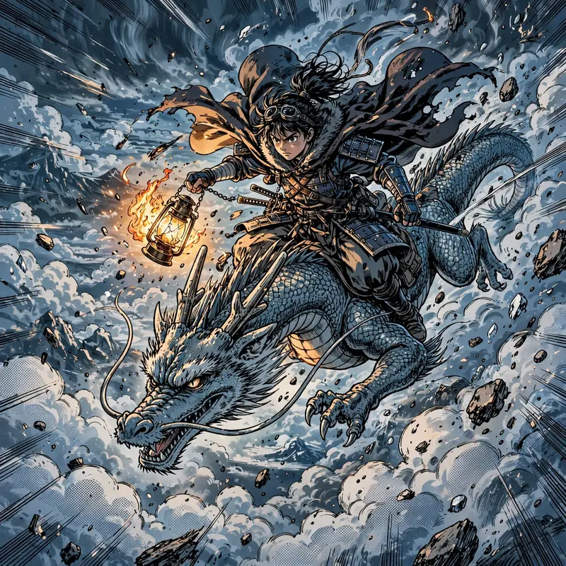 a dragon rider soaring above the clouds rendered in manga-inspired anime style with screentone accents, frozen mid-action with bold motion lines and