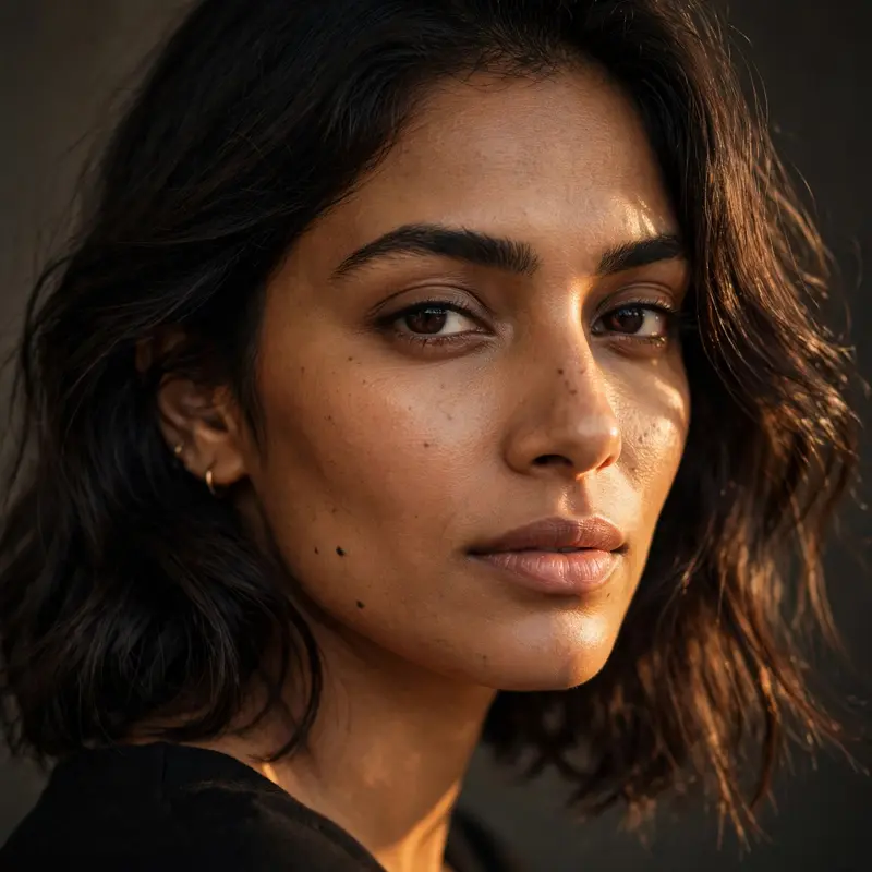 Beauty portrait of a South Asian woman, honey-gold light sculpting her cheekbones, immaculate real skin texture, warm luxury mood, studio softbox