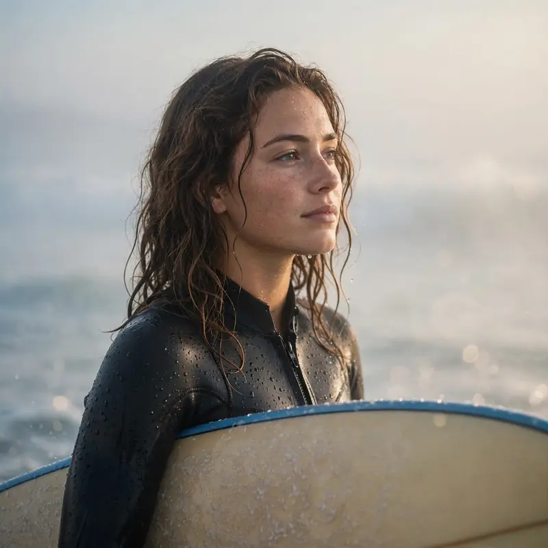 A surfer girl emerging from morning ocean mist, droplets on her sun-kissed skin, board under arm, fresh natural texture, salty serenity mood, soft