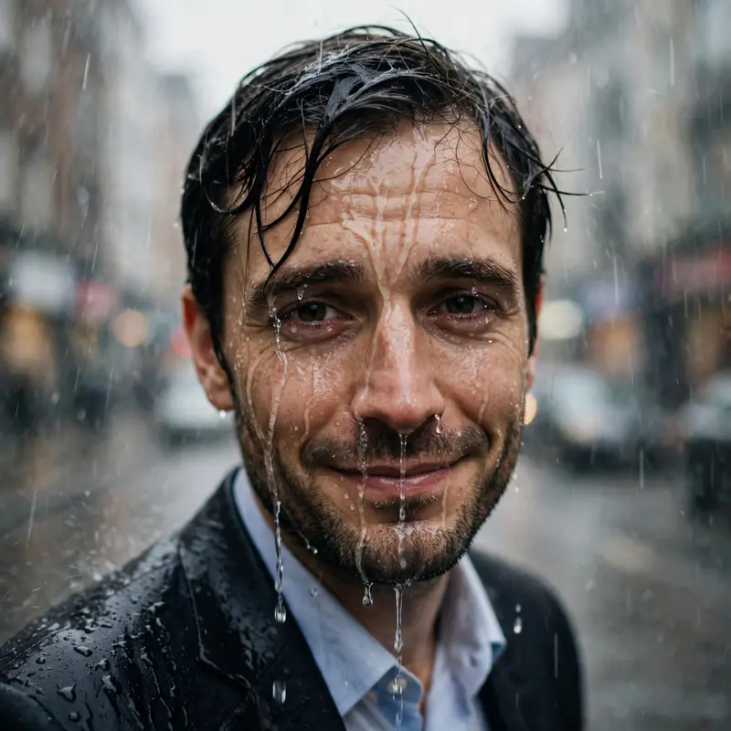A businessman caught in sudden rain, water streaming down his resigned smile, city blurred behind, street portrait, comic resilience mood, overcast