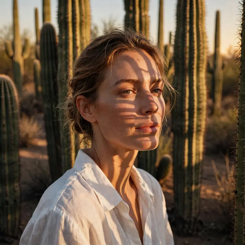 A woman in white linen among towering cacti at golden hour, long shadows striping her calm face, desert fashion, detailed skin, serene minimalism