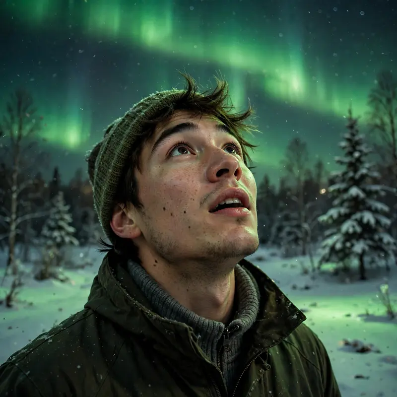 A young man looking up as aurora ripples green above his awestruck face, snow reflecting the light, night portrait, 35mm f1.4, wonderstruck mood