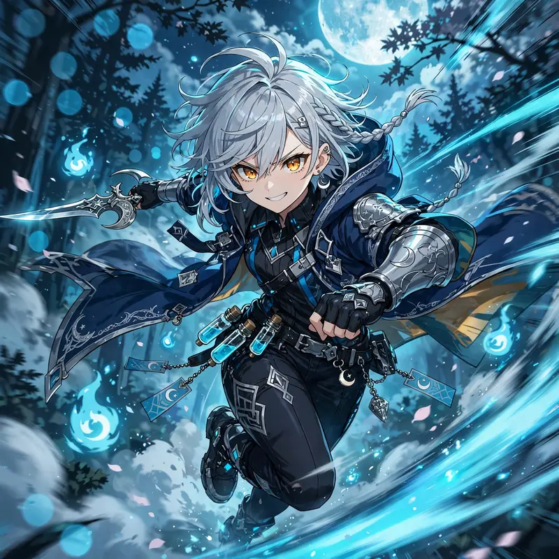 Dynamic anime key visual of a demon hunter poised in silver moonlight, drawn in vibrant cel-shaded anime style. Cold cyan moonlight washes the scene