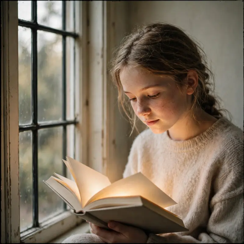 A girl reading by a tall window, pages glowing, soft light modeling her absorbed face, delicate skin, quiet absorption mood, natural window light