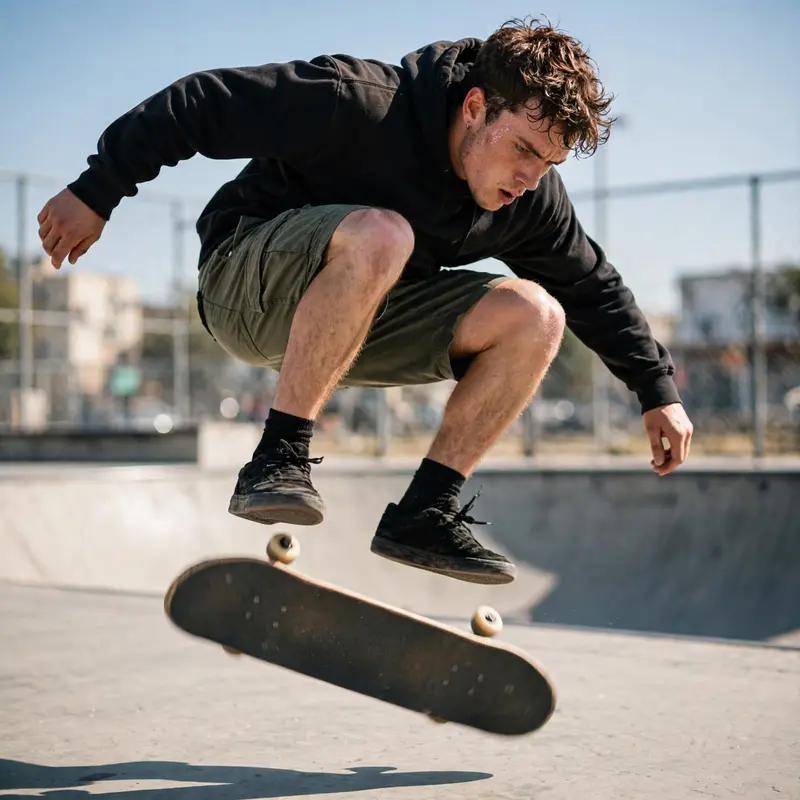 A skater frozen mid-kickflip, concentration etched on his airborne face, concrete park below, action portrait, fast shutter, focused adrenaline mood