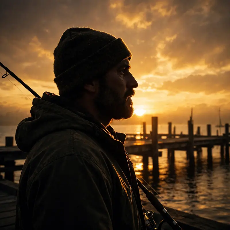 A fisherman silhouetted on a pier at sunset, turning just enough for rim light to trace his profile, glowing edges, tranquil labor mood, dramatic