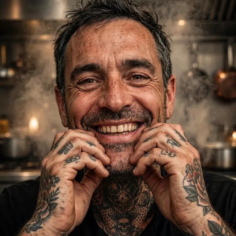 Close-up of a heavily tattooed chef, inked neck and weathered hands framing his grin, kitchen steam behind, incredible skin and ink detail, bold