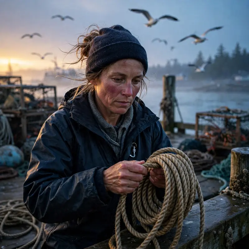 A fisherwoman coiling rope on a dock at dawn, first light gilding her determined face, gulls wheeling, wind-roughened skin, hardworking calm mood