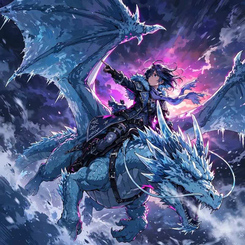painterly anime style with cel-shaded characters illustration of a frost dragon tamer mid-flight, posed heroically against a dramatic sky. Electric