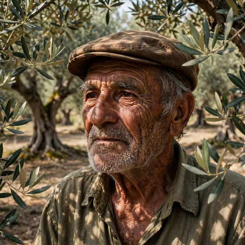 An old farmer among ancient olive trees, silver leaves framing his sun-darkened face, Mediterranean portrait, deep skin texture, timeless rooted