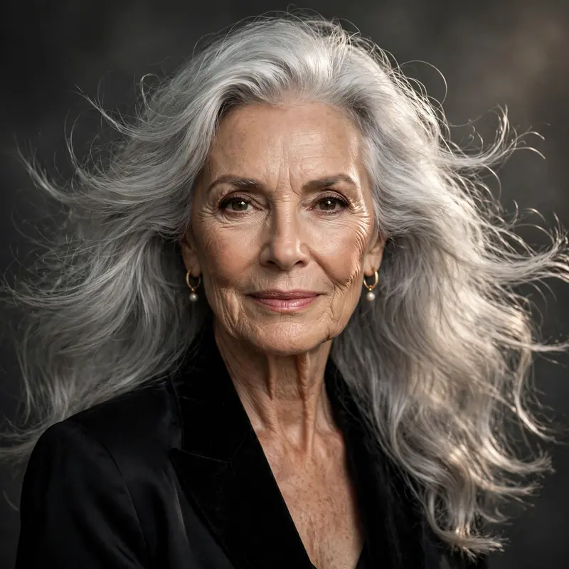 A stunning woman in her seventies with flowing silver hair, studio-lit like a fashion icon, beauty portrait, dignified skin texture, ageless