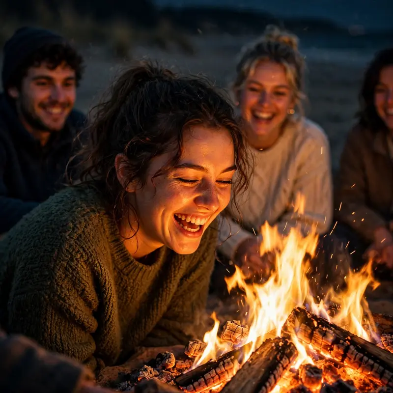 Friends around a beach bonfire, one girl's face glowing as she laughs into the flames, night portrait, 50mm f1.4, warm belonging mood, firelight