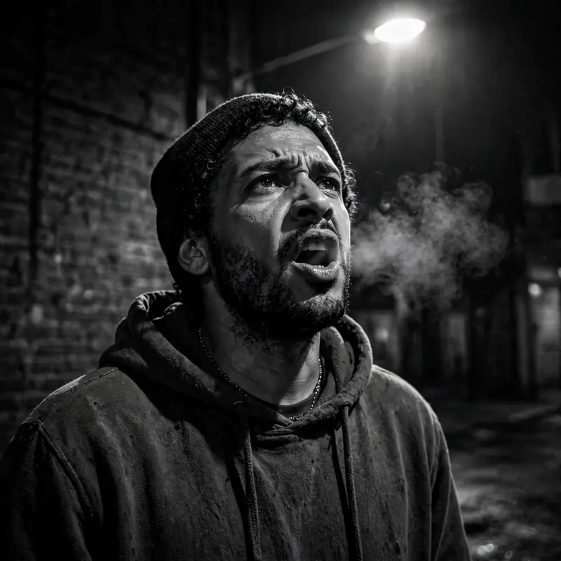 A spoken-word poet mid-verse under a single streetlamp, breath visible, intensity in his eyes, raw truth mood, dramatic single-source light, black