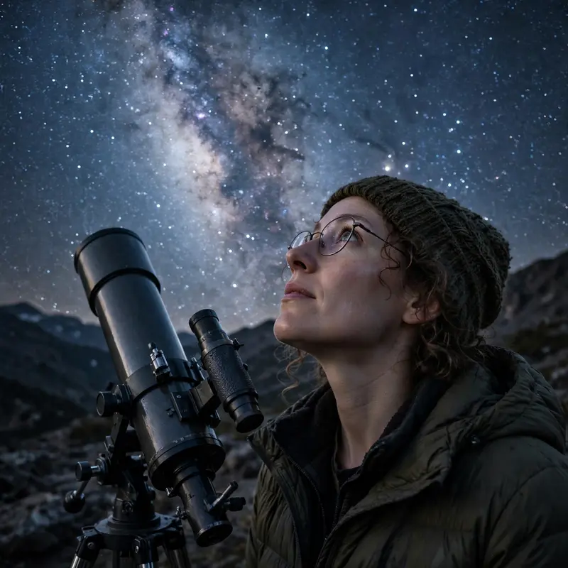 An astronomer beside her telescope under the Milky Way, starlight faint on her upturned face, night portrait, 35mm f1.4, cosmic wonder mood, long