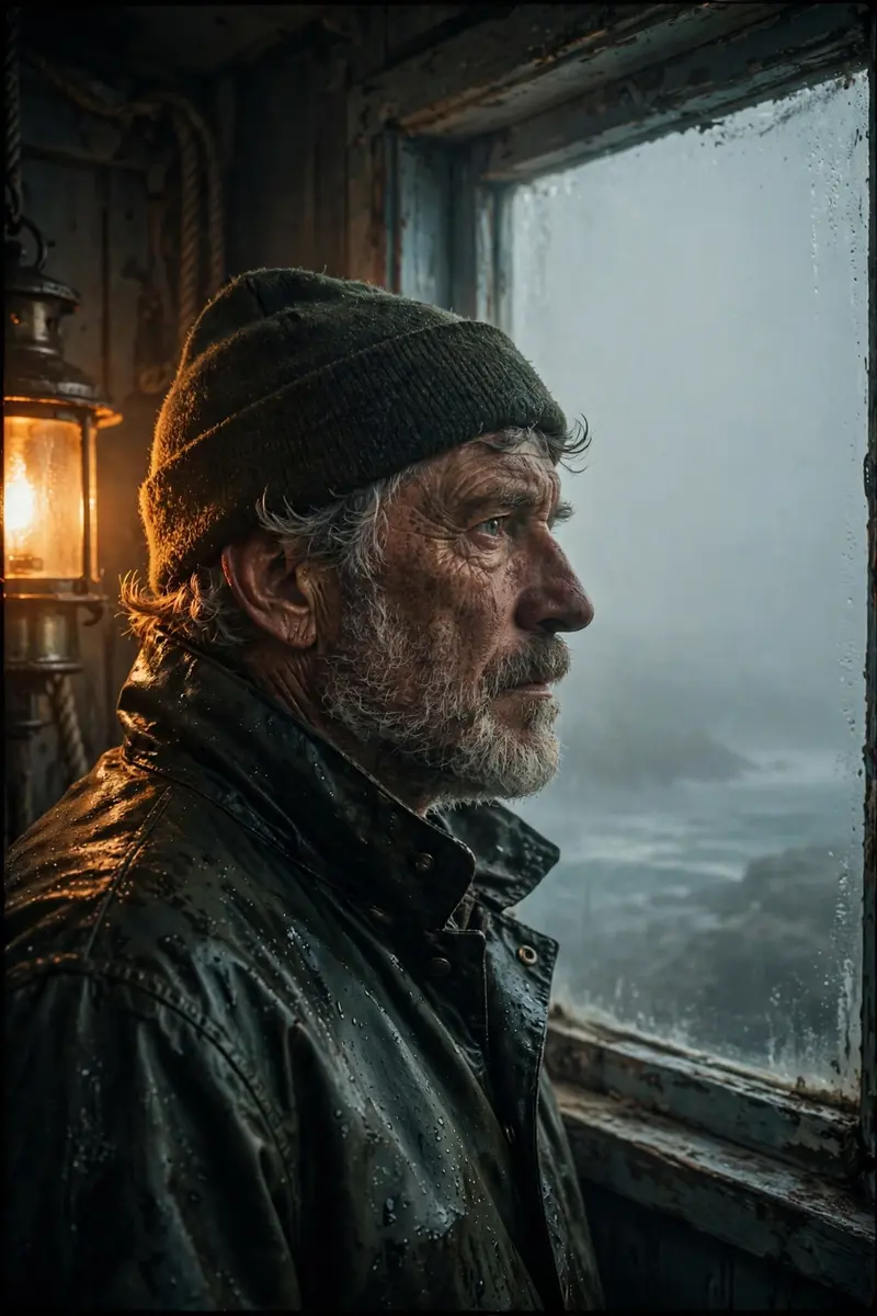 A lighthouse keeper staring into sea fog, lamp glow edging his craggy profile, maritime portrait, solitary vigil mood, dramatic mixed lighting, shot