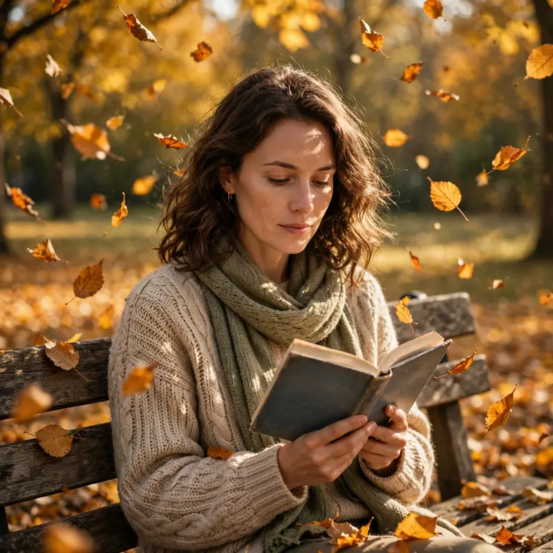 A woman reading on a park bench as amber leaves fall around her, dappled light on her calm face, crisp contemplation mood, golden autumn light, shot