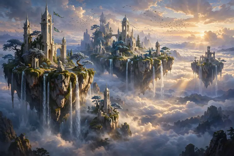 Majestic floating islands drifting above a sea of clouds at dawn, waterfalls pouring off their edges into the mist, ancient elven towers on the