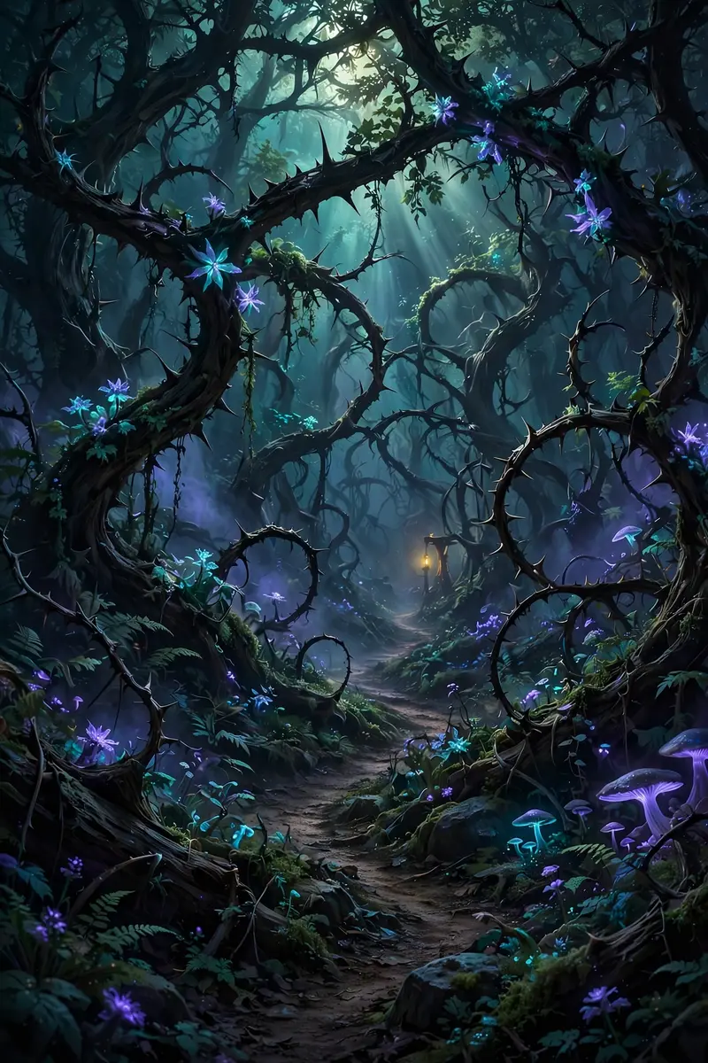 A winding path through a dark thornwood forest, bioluminescent flowers lighting twisted branches, a tiny lantern glowing in the distance, fantasy