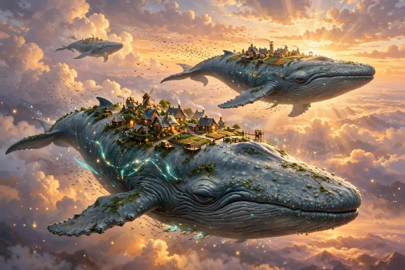 Gentle skywhales the size of airships migrating through sunset clouds, tiny villages on their backs, birds trailing, whimsical epic fantasy painting
