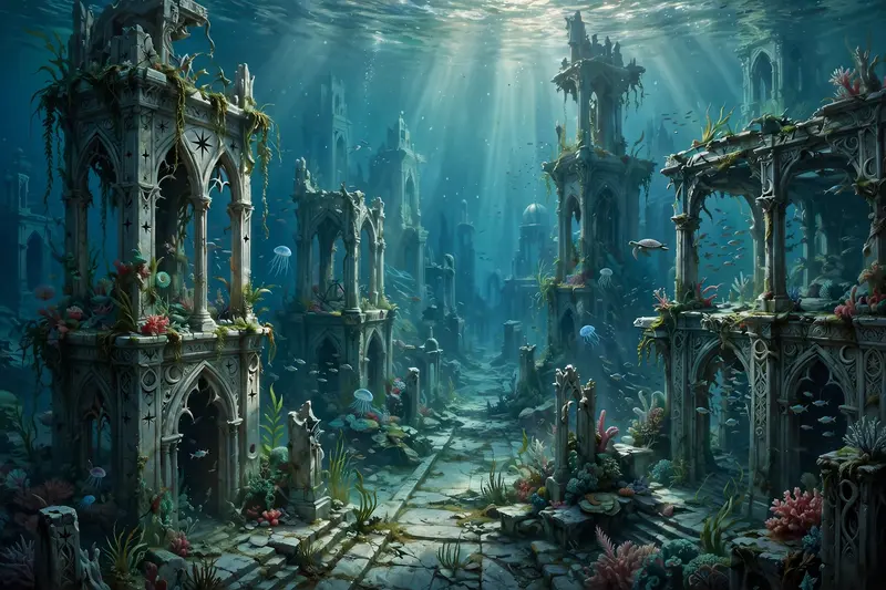 A drowned elven city beneath crystal-clear water, sunbeams piercing to marble streets, sea life drifting through broken towers, fantasy underwater