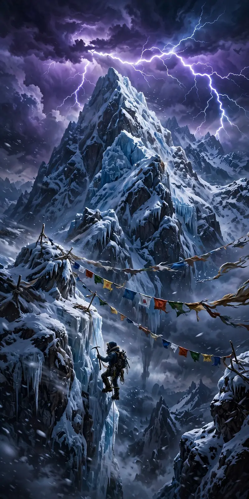 A lone climber ascending an icy peak into a raging storm, lightning splitting violet clouds, prayer flags whipping, epic fantasy illustration