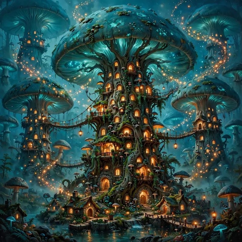A kingdom built inside colossal glowing mushrooms, tiny windows warm in their stems, spore lights drifting, cozy epic fantasy painting, teal and