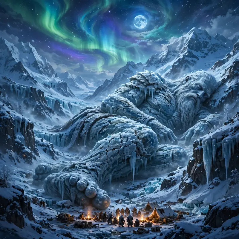 A mountain-sized ice titan sleeping in a glacier valley, frost giants' campfires tiny at its feet, aurora overhead, epic fantasy digital painting