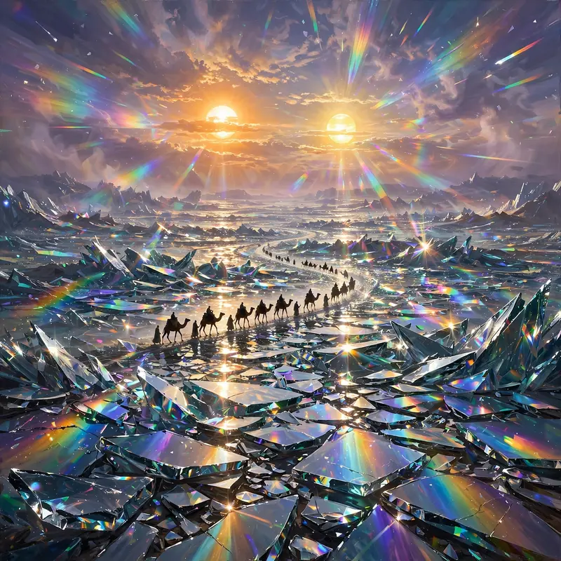 An endless desert of shattered glass reflecting a twin-sunned sky, a caravan's silhouettes picking a careful path, surreal fantasy painting, blinding