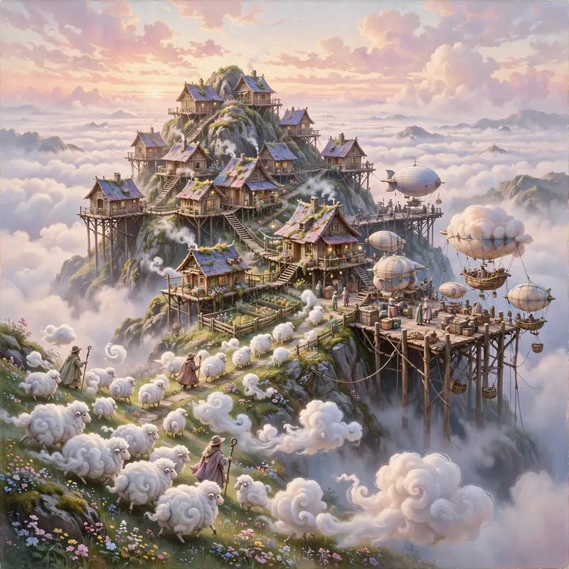 A village of stilt houses on a mountaintop above the clouds, shepherds guiding flocks of cloud-sheep, airships docking, whimsical fantasy painting