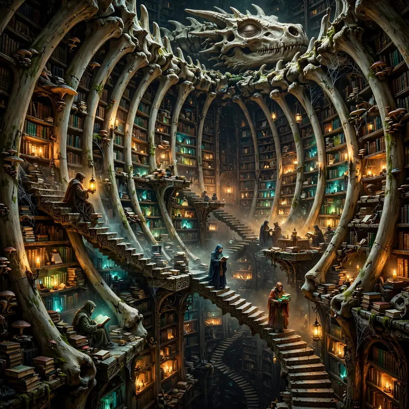 An ancient library inside a sleeping dragon's ribcage, endless shelves of glowing tomes, scholars on floating stairs, fantasy interior painting, warm
