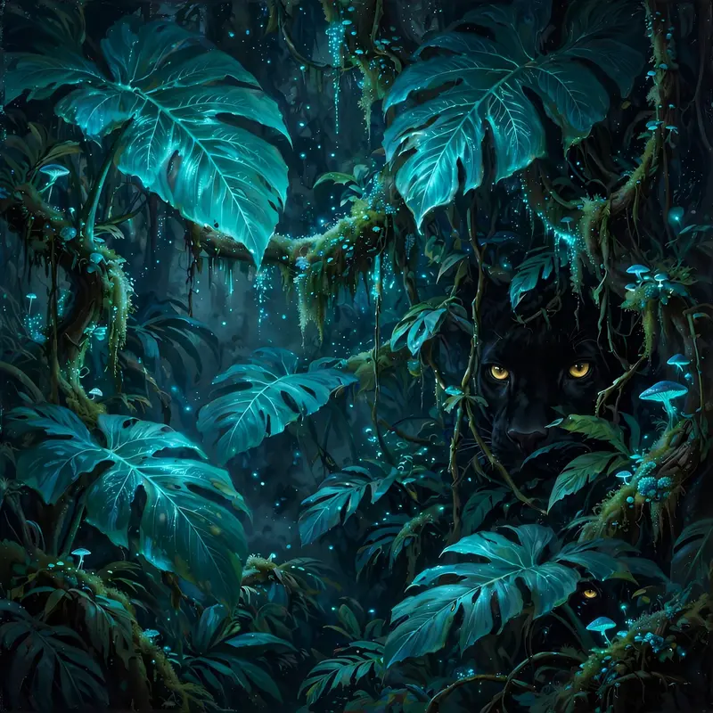 A rainforest canopy at night blazing with bioluminescence, giant leaves glowing teal, a panther's eyes in the dark, fantasy jungle painting, electric