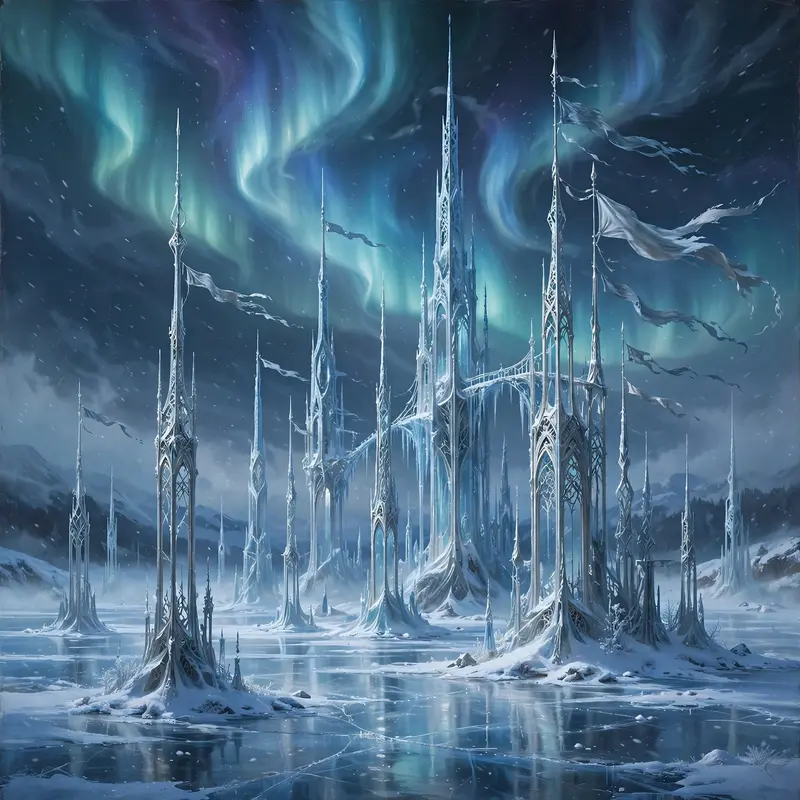 Slender elven spires of ice and silver rising from a frozen lake, banners snapping in aurora light, fantasy architecture painting, crystalline blue