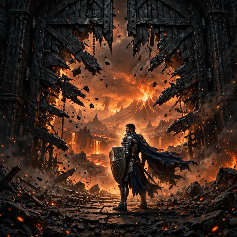 A colossal gate of black iron bursting open, infernal legions pouring through fire and smoke, a lone paladin holding the line, epic dark fantasy