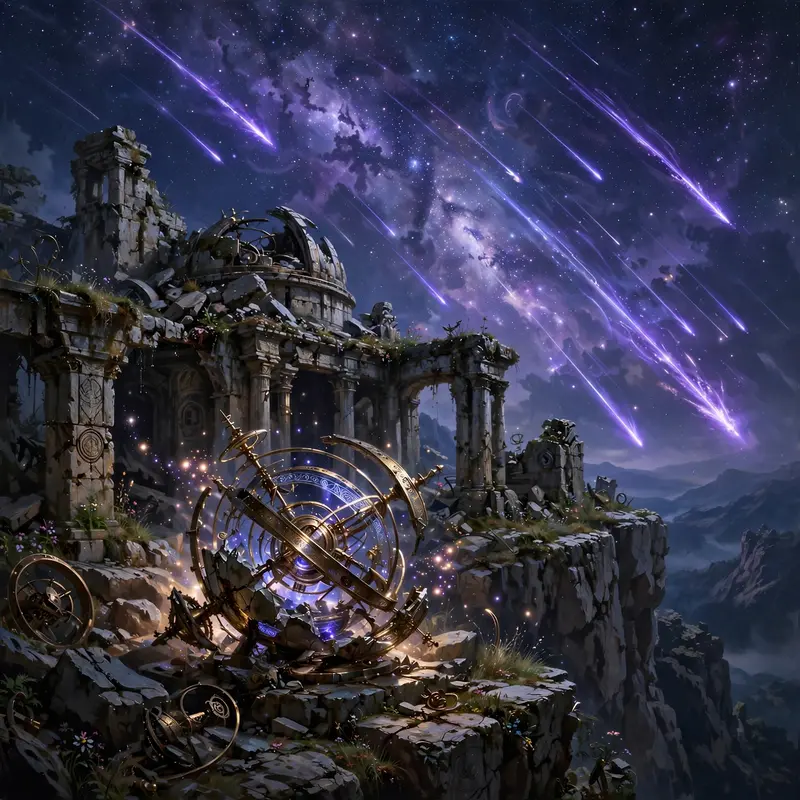 Ancient observatory ruins on a cliff, a meteor shower streaking violet across the sky, broken orrery glowing, fantasy nightscape painting, starlight