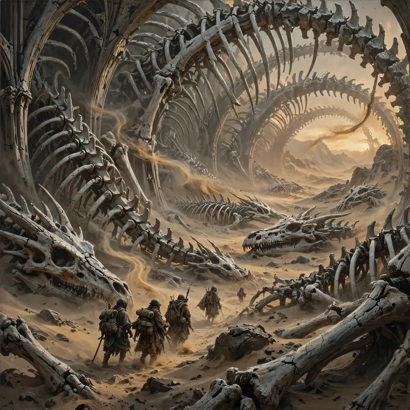 Travelers trekking through a desert of colossal dragon skeletons, ribs arching like cathedrals, dust devils in amber light, epic fantasy painting