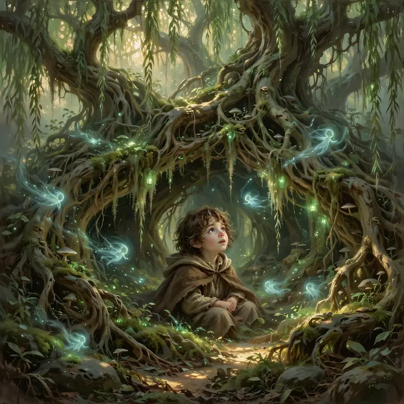 A hollow beneath ancient willows where spirits whisper, hanging moss glowing faint green, a child listening wide-eyed, gentle fantasy painting, soft
