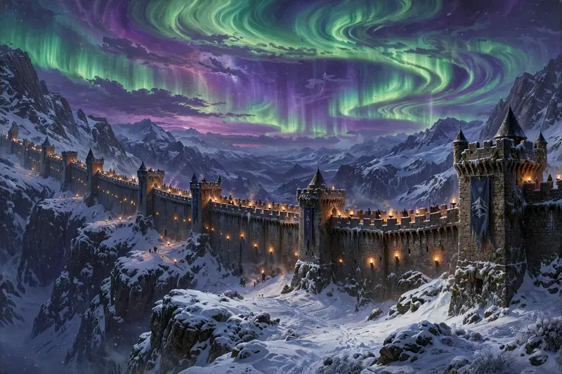 A fortress wall stretching across a snowy pass under rippling aurora, watchfires tiny along the ramparts, epic fantasy painting, green and violet sky