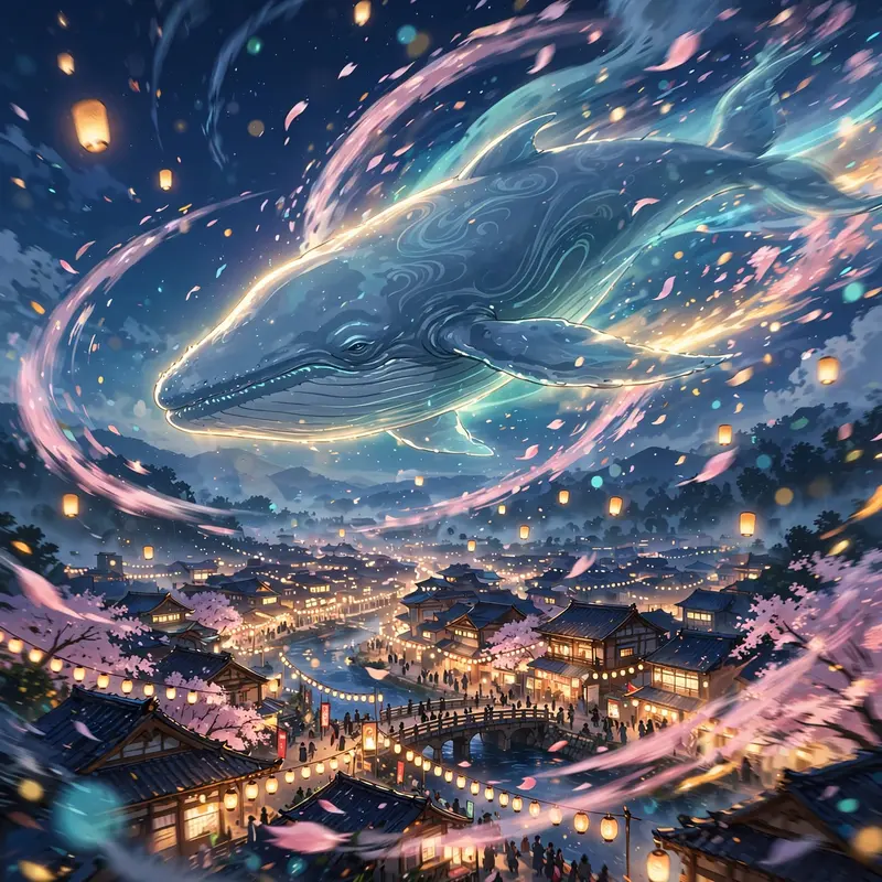 crisp digital anime style anime scene: a sky whale gliding above a lantern festival, surrounded by swirling petals and drifting light particles