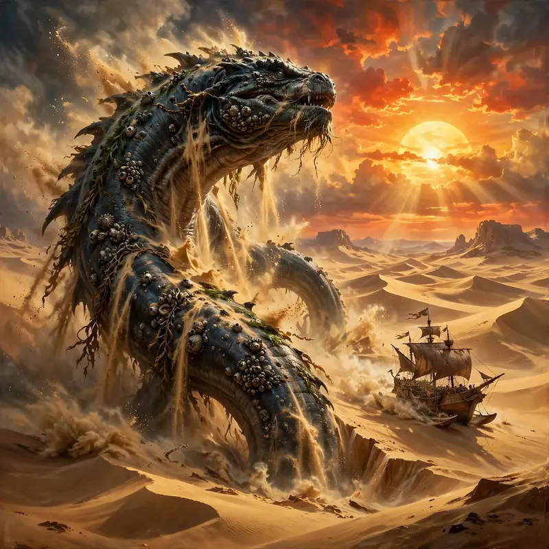 A leviathan breaching a desert of golden sand, dunes cascading off its barnacled hide, a sandship fleeing its wake, epic fantasy painting, blazing