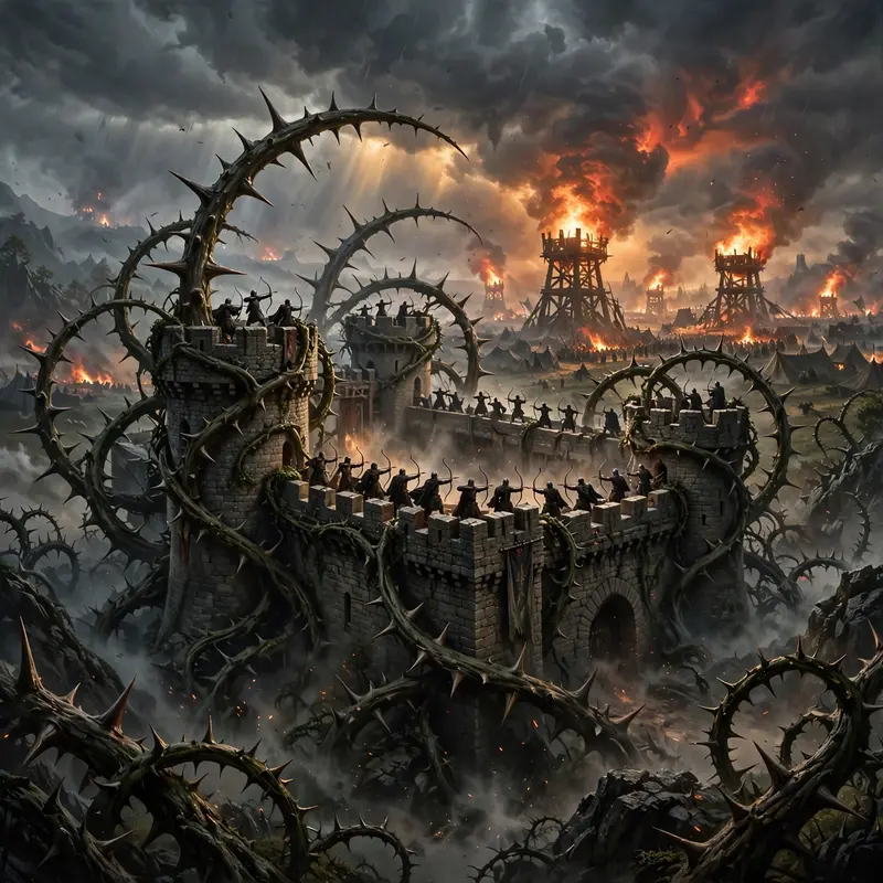 A keep wrapped in giant thorns under assault, siege towers burning, defenders raining arrows, epic fantasy battle art, storm-gray sky split by