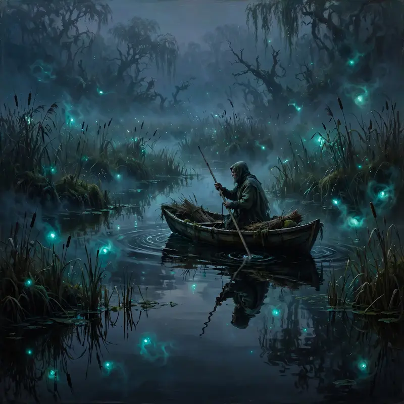 A misty marsh at twilight dotted with floating will-o-wisps, a lone boatman poling through black water, fantasy painting, eerie teal glow, quiet