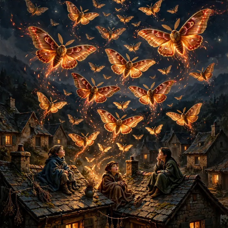 A swarm of giant embermoths rising over a sleeping village, wings trailing sparks, children watching from rooftops, magical fantasy painting, warm