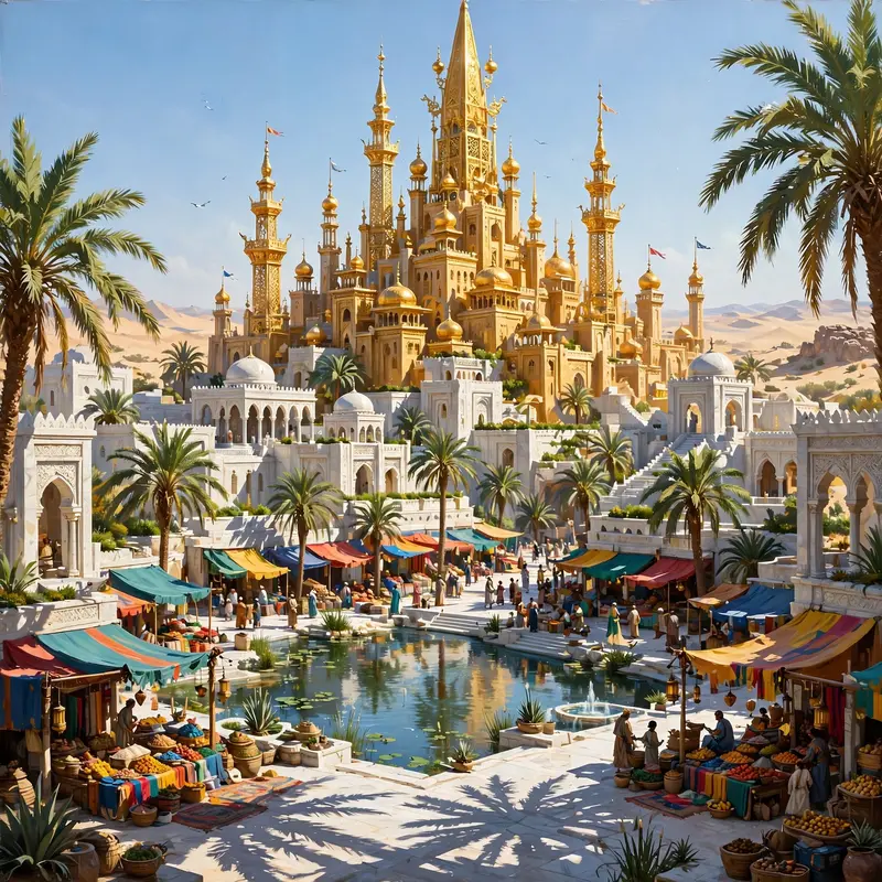A golden spire-city rising from a desert oasis, palm shadows on white marble, market awnings bright, fantasy cityscape painting, blazing midday light