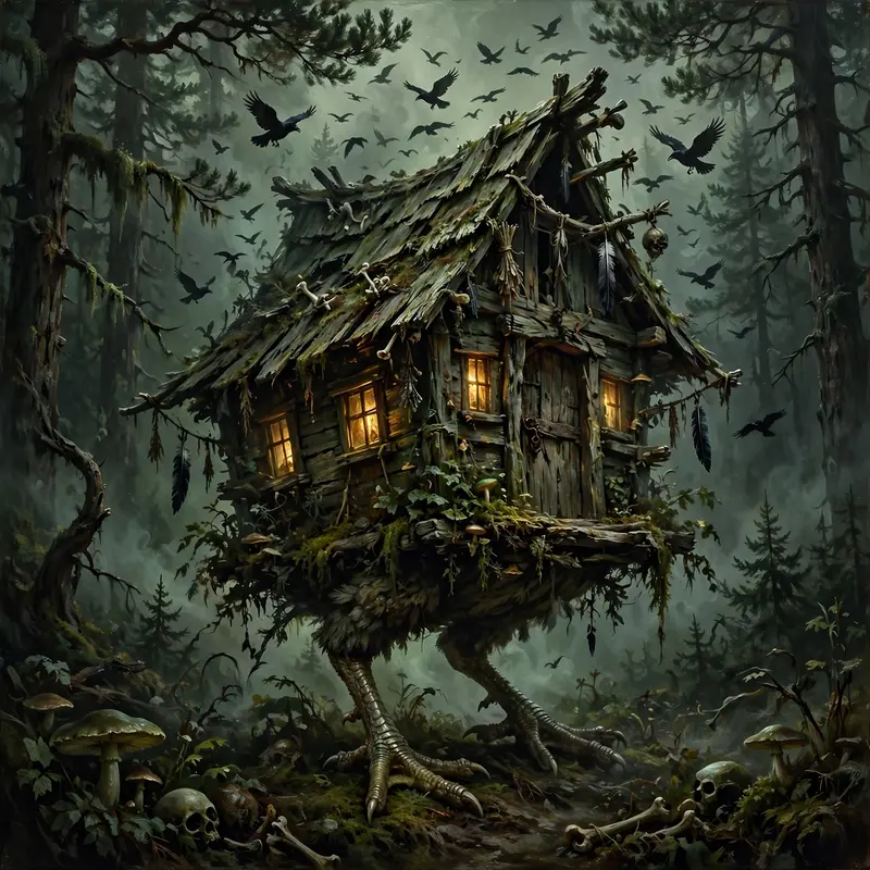 A crooked witch hut on chicken legs in a gloomy pine wood, windows glowing amber, crows circling, dark fairy-tale painting, sickly green-gray light