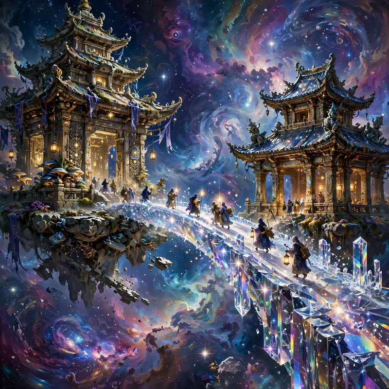 A bridge of solidified starlight arcing between two floating temples, pilgrims crossing a nebula void, cosmic fantasy painting, prismatic star glow